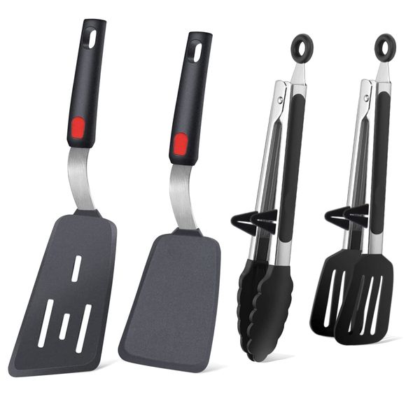 4PCS Flexible Silicone Spatula Turner Set and Kitchen Food Tongs with Silicone Tips, 600F Heat Resistant, Ideal for Flipping Eggs, Fish, Burgers, Pancake and Strong Grip on Salads, Pasta, Steaks, BBQ