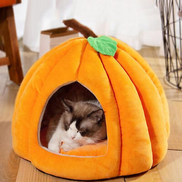 Pumpkin Cat Bed Cute Halloween Cat House Warm Pet Cave Semi-Enclosed Sleeping