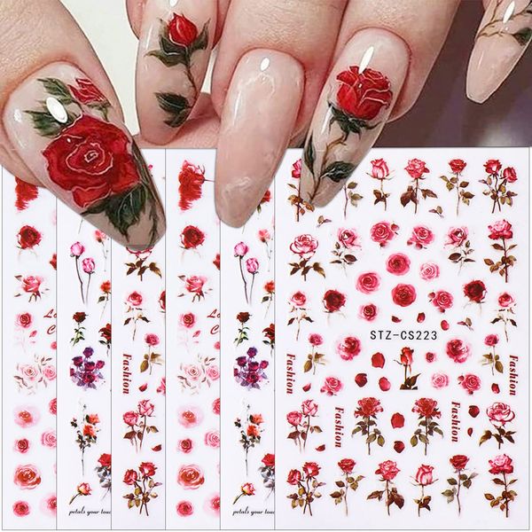 6 Sheets Flower Nail Art Stickers 3D Self-Adhesive Spring Rose Nail Decals Charming Pink Rose Floral Designs Nail Stickers for Acrylic Nail Art Red Rose Nail Art Decoration for Women Girls DIY