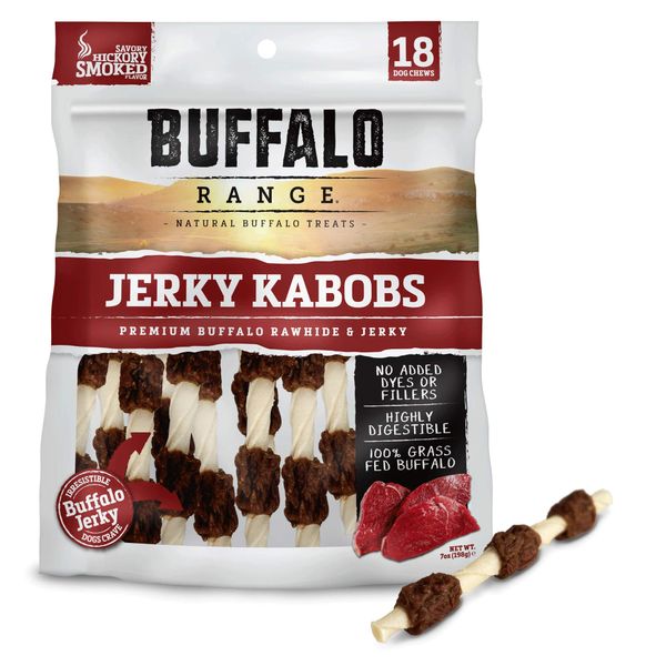 Buffalo Range Rawhide Dog Treats | Healthy, Grass-Fed Buffalo Jerky Raw Hide Chews | Hickory Smoked Flavor | Jerky Kabob, 18 Count