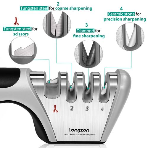 longzon Knife Sharpener, 4 in 1 Kitchen Knife Sharpening 4 Stage Manual Knife Sharperener Tool with Cut Protection Gloves for Sharpening Kitchen Knives, Scissors ect. - Gray