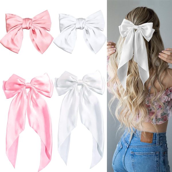 4 Pieces Silky Satin Hair Bows Soft Ribbon Clips Hair Barrettes for Women Girls Large Bow Hair Slides Metal Clips French Barrette Long Tail Hair Accessories (Pink,White)