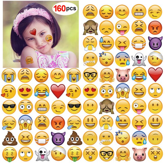 Emoji Temporary Tattoo(160pcs 2inch), Konsait Funny Emoji tattoos Body Stickers for Kids Children Adults for Emoji Party Favors Supplies with Poop Kissing Heart Sunglasses Smirk Relaxed Smile Emoticon