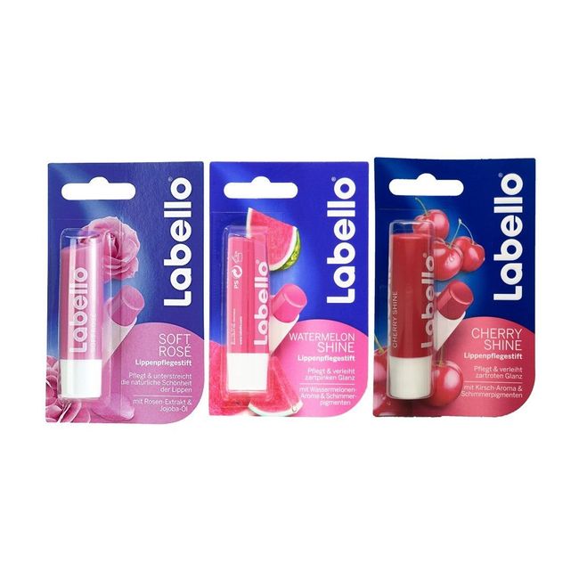 Labello Soft Rose, Labello Watermelon Shine, Labello Cherry Shine Lip Balm Bundle