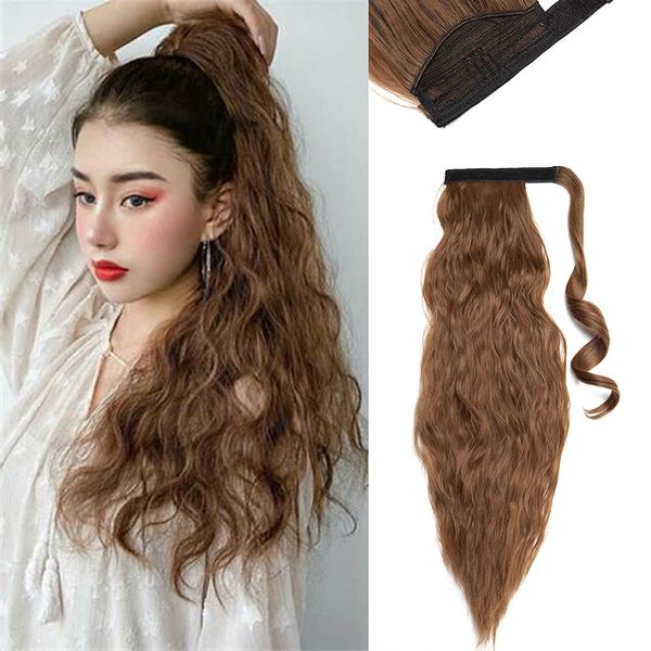 SEGO Corn Wave Ponytail Magic Paste One Piece Curly Wrap Around Ponytail Hair Extension Long Fluffy Synthetic Ponytail [20 Inch, 90g] - Light Brown