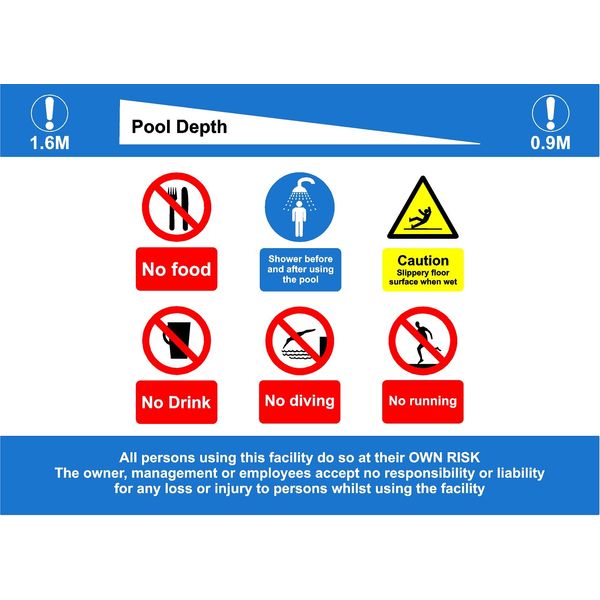 Swimming Pool Rules & Depths Sign - No Diving, No Running, No Eating, No Drinking, Shower before and after using the pool and floor slippery when wet. If your pool depths are different from shown please message us sign - 1.2mm rigid plastic 300mm x 200mm