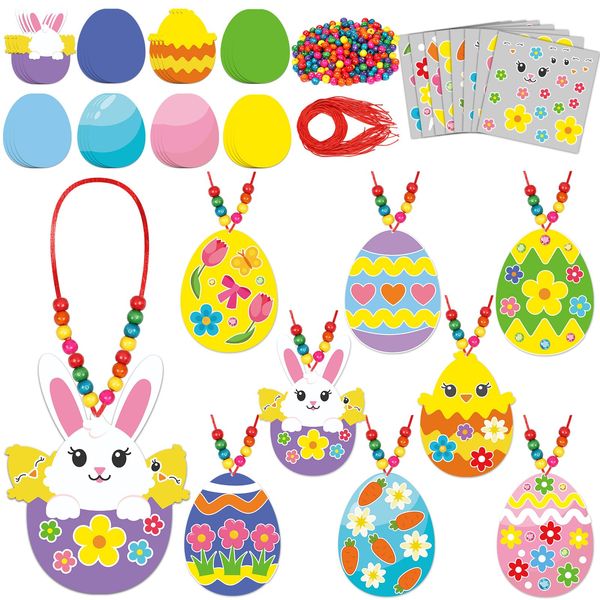 Qyeahkj 32 Set Easter Egg Craft Kit for Kids Easter Bunny Necklaces Beads Ornaments DIY Spring Sticker Arts Crafts Activities Make Your Own Hanging Decor Supplies for Home School Classroom Party Favor