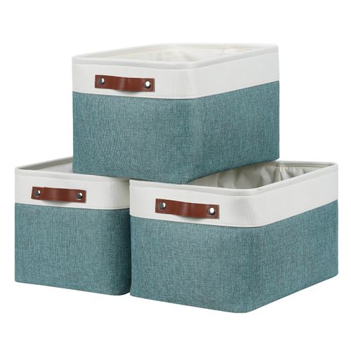 DULLEMELO Storage Baskets for Organizing,Rectangular Fabric Storage Bins with Handles for Office,Bedroom(3-Pack -15 inch X 11 inch X 9.5 inch, White&Dark Green)