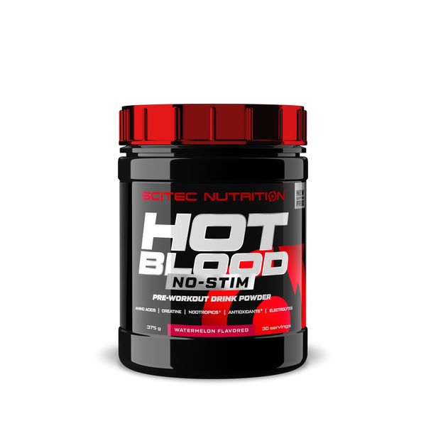 Scitec Nutrition Hot Blood No-Stim Flavored Stimulant Free pre-Workout Drink Powder with Sugar, Black Pepper Extract, 375 g, Watermelon