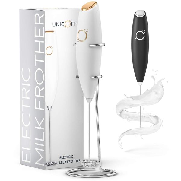 Milk Frother White - Coffee Frother Handheld with Electric Whisk - 19000 rpm - Book Recipes and Stainless Steel Stand Included - Hand Mixer Electric (White and Gold)