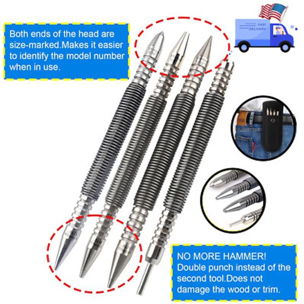 4-Piece Spring Loaded Nail Set with Pouch, Hammerless Nail Punch for Trim Work