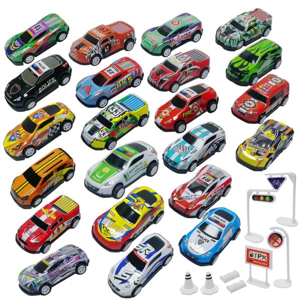 TOYABI Pullback Diecast Cars, 22Pcs Die Cast Metal Toy Cars with 8 Roadblock, Small Cars for Kids