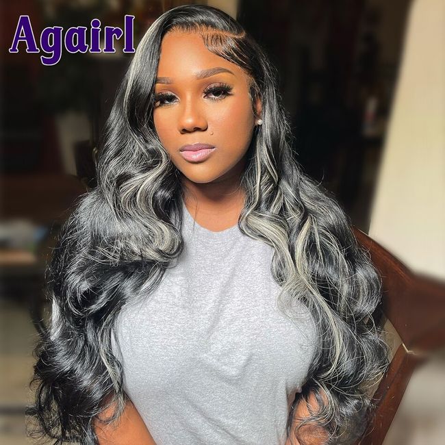 Highlight Grey Wig Human Hair Body Wave Lace Front Wig With Grey