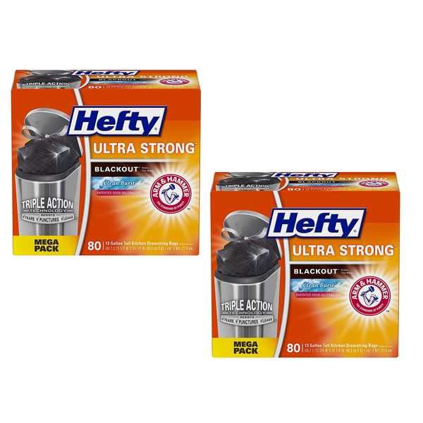 Hefty Ultra Strong Blackout Trash Bags (Clean Burst, Tall Kitchen Drawstring, 13 Gallon, 80 Count) (2 Pack(80 Count))