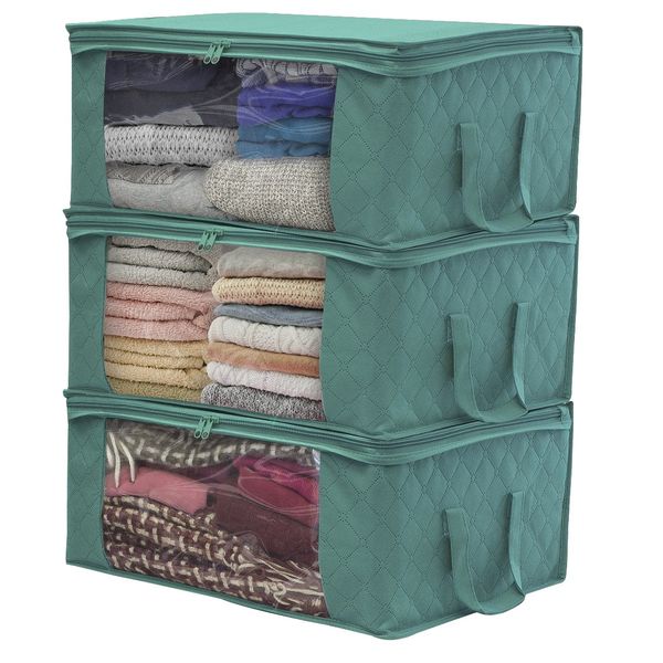 Sorbus Foldable Storage Bag Organizers, Large Clear Window & Carry Handles, Great for Clothes, Blankets, Closets, Bedrooms, and More (3-Pack, Teal)