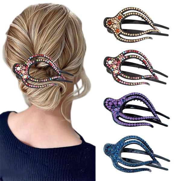 Yusier 4PCS Heart Style Ponytail Hair Clip Duckbill Clips with Rhinestones Headdresses for Women Diamond Hair Clips with Flower Rhinestone Barrettes Sparkly Prom Hair Clips (Classic)