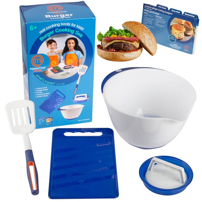 Masterchef Jr Kid's Burger Cooking Set - 9 Pc Kit Includes Real Cookware for Children - Bowl, Cutting Board, Recipes, and Hamburger Press