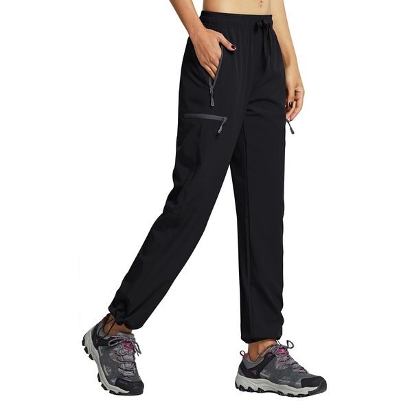 Libin Damen Wanderhose Wasserdicht Outdoorhose Leichte Schnell Trocknende Atmungsaktiv Trekkinghose Funktionshose Track Pants mit Reißverschlusstasche,Schwarz, XL