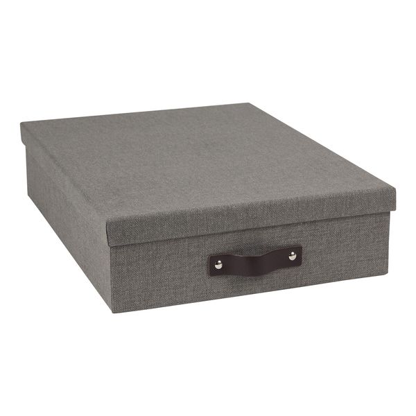 Bigso Box of Sweden Oskar Canvas Fiberboard Document Letter Box | File Organizer Document Box for Important Paperwork | Document Storage Box with a Lid & Leather Handle | 3.3" x 10.2" x 13.8" | Gray