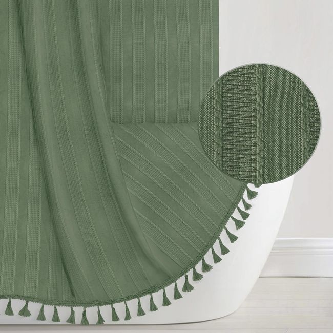 Seasonwood Boho Green Shower Curtain for Bathroom 72 X 72 Inches Textured Vertical Stripe Tassel Shower Curtain Farmhouse Minimalist Cute Shower Curtain Green