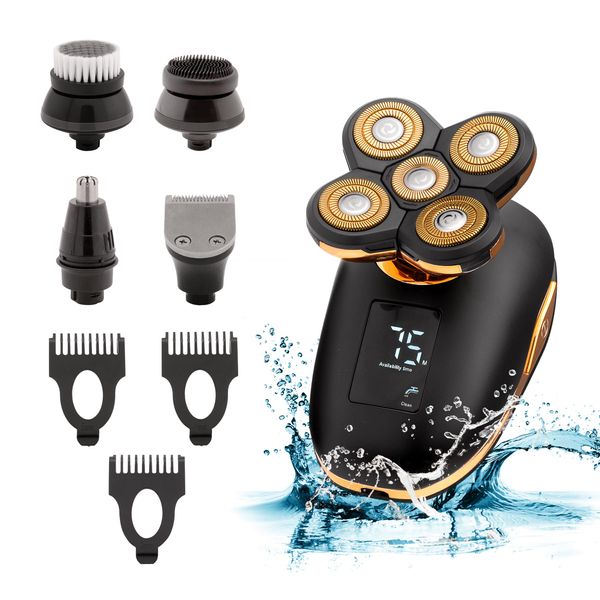 5 in 1 Electric Razor for Men and Women, USB Rechargeable and Waterproof Cordless Trimmer, Includes Rotating Bald Head Shaver, Nose Hair Trimmer, Beard Shaper, Silicone Brush, and Cleansing Brush