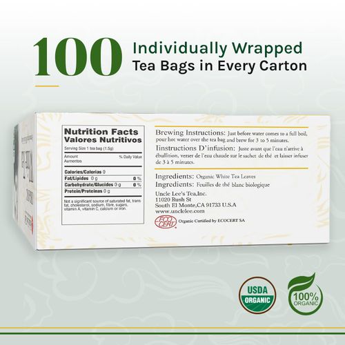 Uncle Lee’s Organic White Tea - Premium Tea for Everyday Wellness, Low Caffeine, Antioxidant-Rich White Tea Bags, Individually Wrapped, 100 Count (Pack of 4)