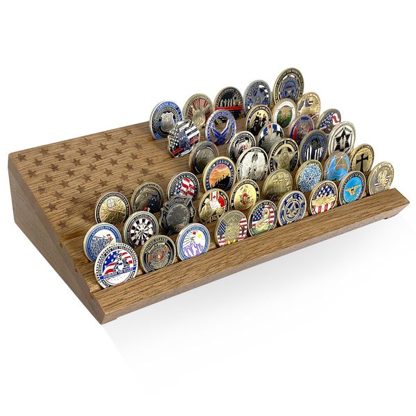 ASmilelndeep Military Challenge Coin Display Case Holder Holds 40 Coins, 6 Rows Solid Wood Coin Stand Rack with American Flag for Desk Display, Black Olive Finish