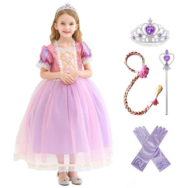 CREDIBLE NT5550 Children’s Princess Dress, Luxurious 6-Piece Set, Purple/Pink (Princess Dress, Flower Hair Accessory, Gloves, Heart Tiara, Magic Wand), 3 ft 3.4 in (100 cm)