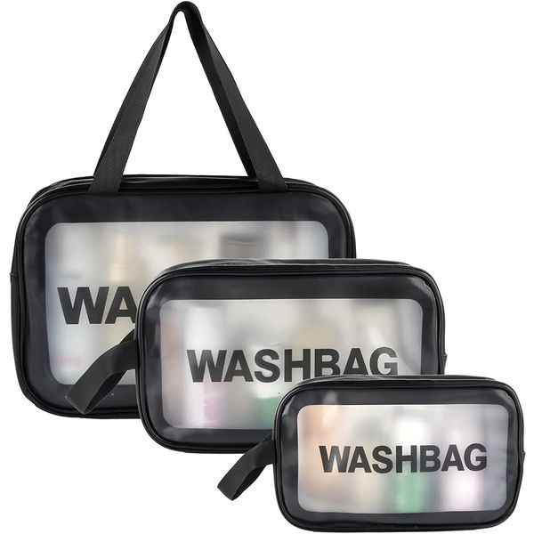 Vinyl Pouch, Clear Pouch, WiViVi Waterproof 3-Piece Set, Travel Pouch, Travel Set, Hot Spring Bag, Translucent PVC Material, Cosmetics, Pouch, Makeup Pouch, Spa Bag, Makeup Storage, Large Capacity, Bath Pouch (Black)