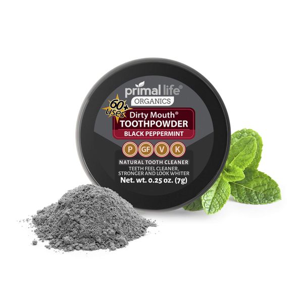 Dirty Mouth Tooth Powder Activated Charcoal Teeth Whitening, Teeth Whitener with Essential Oils and Bentonite Clay, 1 Month Supply, 60 uses, Black Peppermint Flavor (.25 oz) - Primal Life Organics