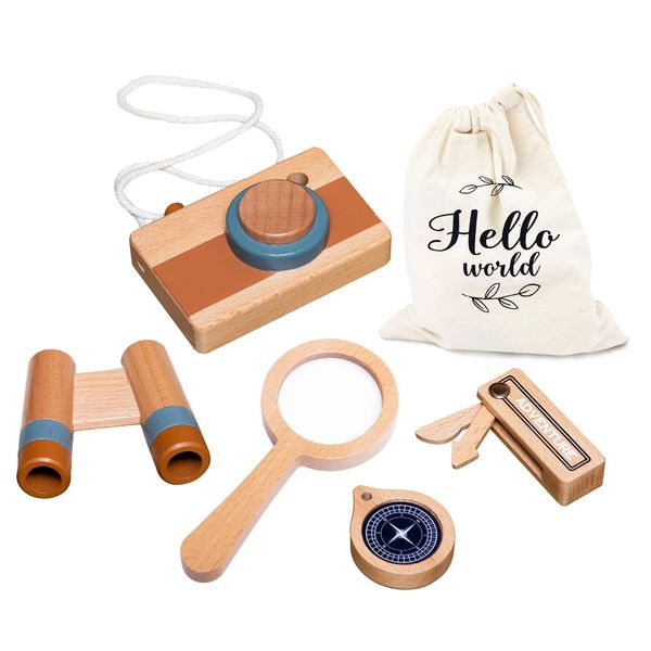 Wooden Outdoor Adventure Toys,Kids Explorer Kit With Wooden Telescope,Camera,Wooden Knife,Compass,Magnifying Glass 5-Piece Outdoor Toy Set,Camping Pretend Play Boys And Girls Nature Fun Adventure