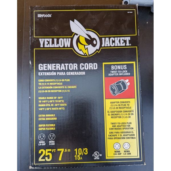 NEW WOODS Yellow Jacket 25 Ft. 10/3 15A Generator Cord with Bonus Adapter NEW