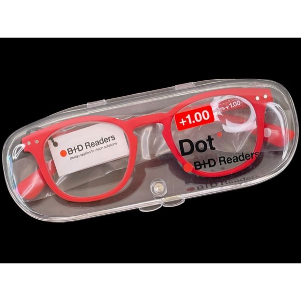 B+D Dot Readers +1.00 Red Reading Glasses Rubberized Compact Folding with Case
