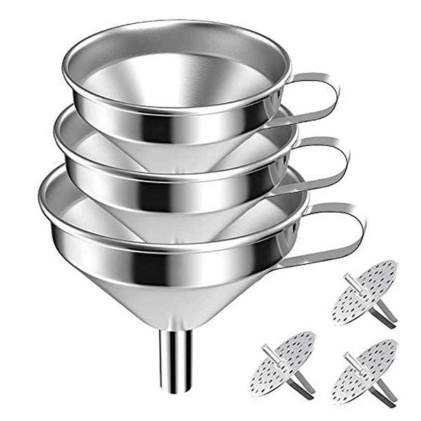 Stainless Steel Funnel Set Kitchen Strainer Funnel Filter Set Wide Mouth Canning Funnels with Removable Filter Handle for Transferring Liquid, Fluid, Cooking Oil, Jam, Powder (3 Pack)