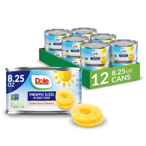 Dole Canned Fruit, Pineapple Slices in Heavy Syrup, Gluten Free, Pantry Staples, 8.25 Oz, 12 Count, Packaging May Vary