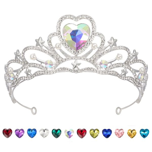 SWEETV Birthday Crowns for Women Girls Birthstone Heart Princess Tiara Silver Wedding Headband for Birth Day Party Photograph, Jun