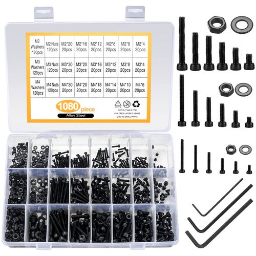 1080 Pcs M2/M3/M4 Hex Socket Screws, Bolts and Nuts, Washers Assortment Kit, Black Alloy Steel Hex Head Screws, Machine Screws, Nuts (1080)