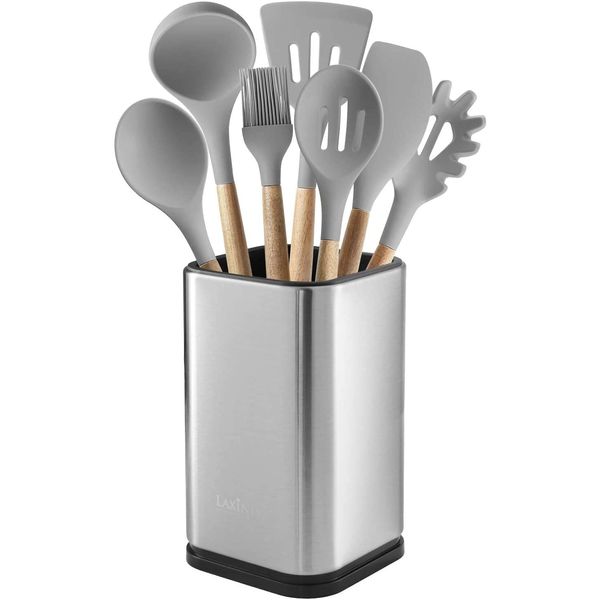 Stainless Steel Kitchen Utensil Holder, Kitchen Caddy, Utensil Organizer, Modern Rectangular Design, 6.7” by 4” (utensils not included)