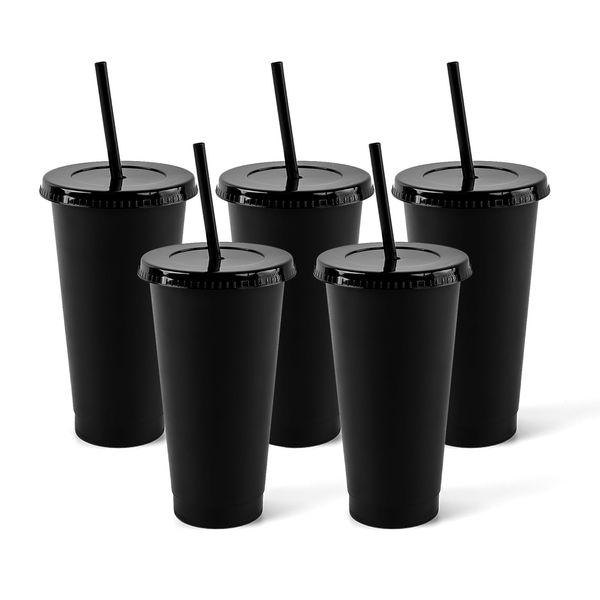 Reusable Glitter Cups with Lids and Straws Plastic Tumblers Travel Mugs for Adults to Drink Water Coffee Smoothie Beverages at Parties-710ml Pack of 5 Black