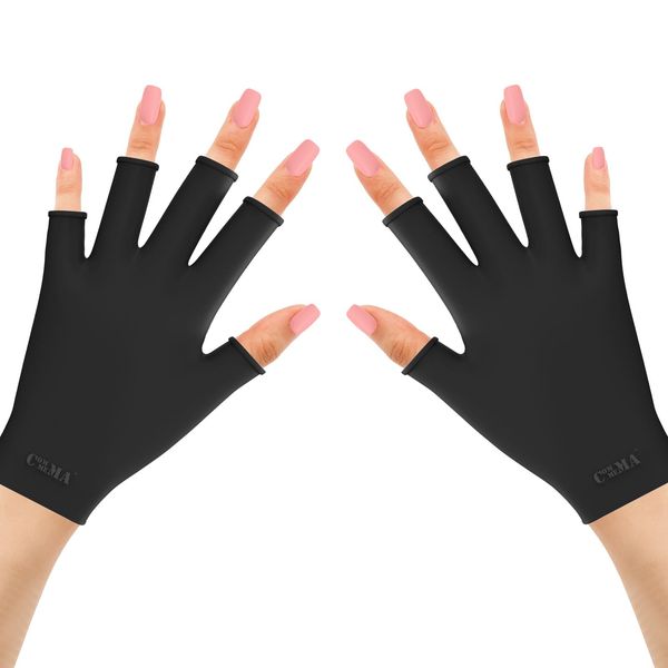 COMMEMA UV Gloves for Gel Manicures, Fingerless UV Protection Gloves with UPF50+ for UV Nail Lamp and Nail Accessories, All-Black Design with 100% Silicone