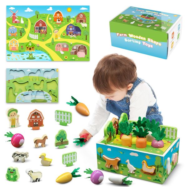 BESFAN Farm Toddler Toys for Ages 2-4, Wooden Montessori Toys for 2 Year Old with 10 Farm Animals, Carrot Toy, Chunky Puzzle Board, Play Mat for Toddler Gifts Learning Toys for Toddlers 1-3