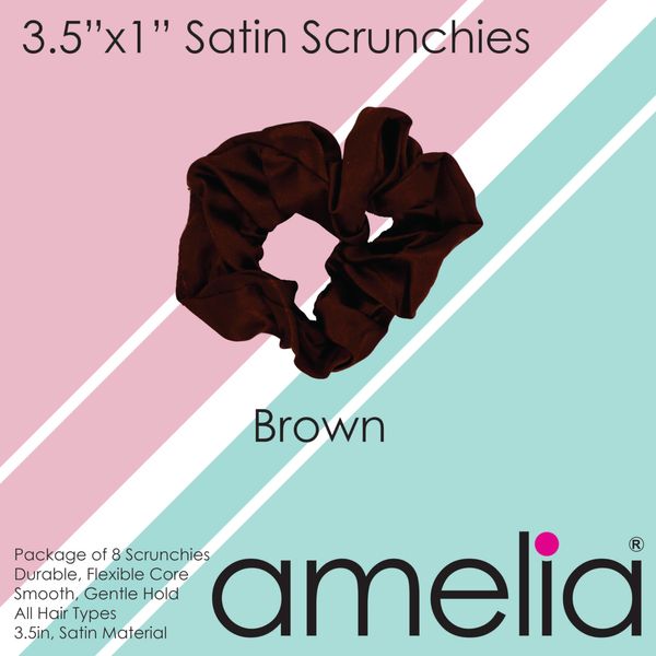 Eight (8), Brown, Soft Satin Scrunchies.