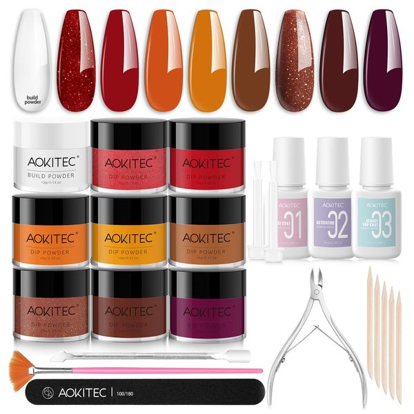 Aokitec 23 PCS Dip Powder Nail Kit - 8 Colors Fall Series Nail Dipping Powder Kit with Clear Build Powder Dip Base Activator Top Gel Dipping Powder Starter Kit for French Manicure Nail Art Kit