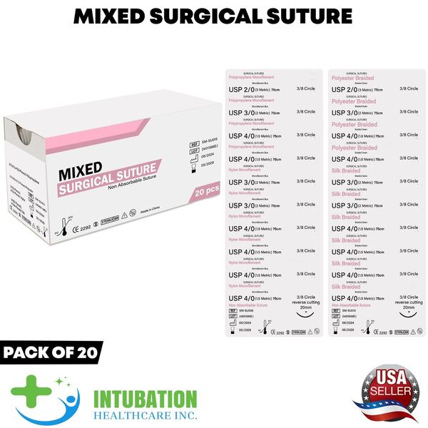 Mixed Non Absorbable Sutures Thread with Needle Training Sutures Pack of 20Pcs