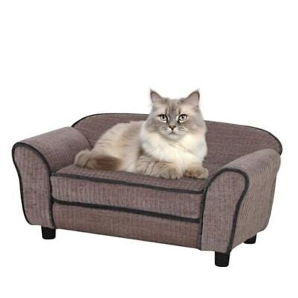 Pet Sofa/Dog Bed with Luxury Striped Fleece Pet Bed Animal Sleeping Light brown