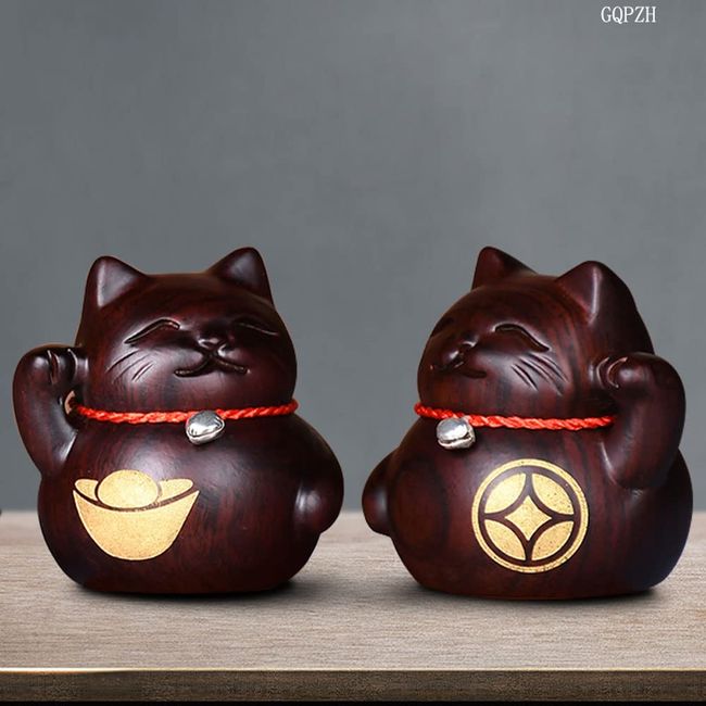 Lucky Fortune [Maneki Neko] Pair of Lucky Neko Lucky Lucky Prosperity Opening Celebration Gift Good Luck Prosperous Business Item Feng Shui Goods Merchandise Carved Wood Sculpture Figurine (Height 3.1 x Width 3.0 x Depth 2.4 inches (8 cm) x Width 3.0 inch