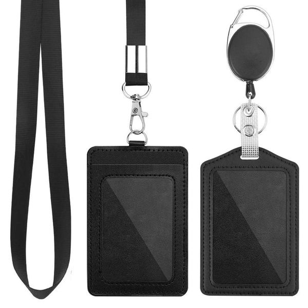 2 Pack Badge Holders, Vertical PU Leather ID Badge Card Holder with Detachable Neck Lanyard Strap and Retractable Badge Reel ID Card Holders Set