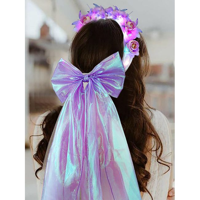 Vakkery Light Up Headband LED Glowing Flower Crown Headbands Bridal Hair Bow Veil Bachelorette Party Decoration Headpiece Wedding Festival Hair Accessories for Women and Girls