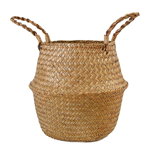 FEILANDUO Seagrass Belly Basket Woven Plant Pot with Handle, Natural Foldable Laundry Toy Storage Baskets for Shelves (Natural, Widest Part 22 x 20cm)