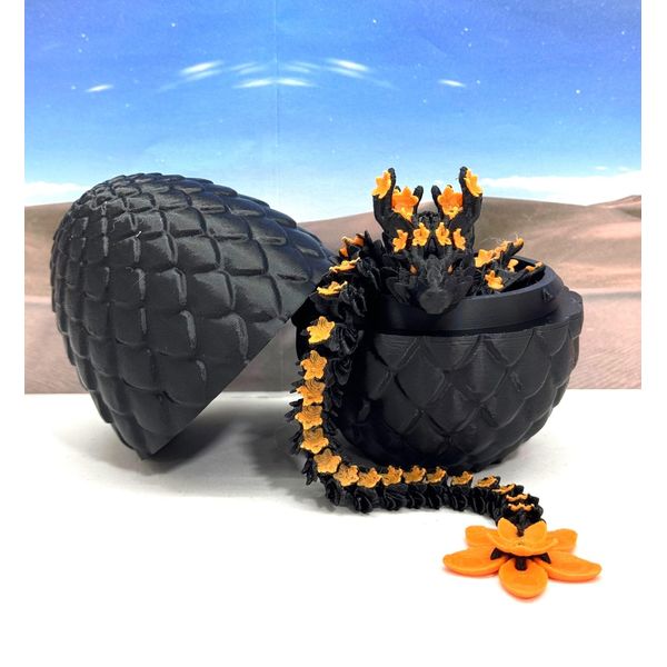 3D Printed Dragon with Dragon Egg, Articulated Black and Orange Cherry Blossom Dragon, Executive Desk Toy, Fidget ADHD Autism Toy D064-BE